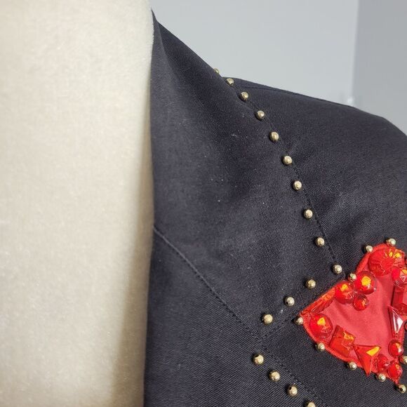 VINTAGE 80s top black embellished beaded king of‎ hearts button up M - Picture 7 of 11